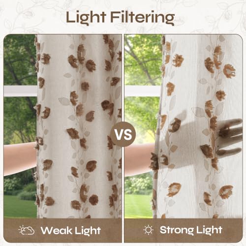 BGment Brown Floral Jacquard Curtains Set of 2 - 52W x 84L Rustic Living Room Window Drapes