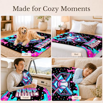 Blue Personalized Baseball Drip Blanket for Boys Kids - Custom Name Sports Throw