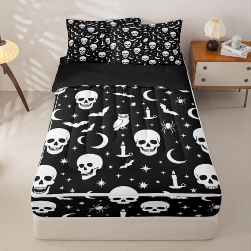 Halloween Gothic Skull Zipper Bedding Set for Kids Full Size Ghost White Variation