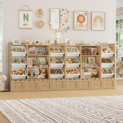 Kids Toy Storage Organizer with 10 Bins & Bookshelf - Natural
