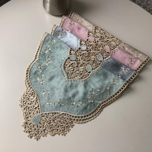 Retro Oval Doilies Placemat - Grey Blue Velvet Flower Embroidery 20x11.4"
