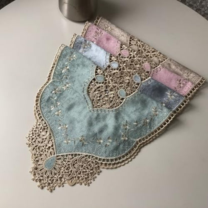 Retro Oval Doilies Placemat - Grey Blue Velvet Flower Embroidery 20x11.4"