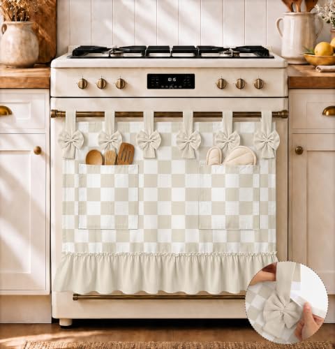 Oven Curtain with Pockets Beige Gingham Kitchen Decor - MuseHaus Variation