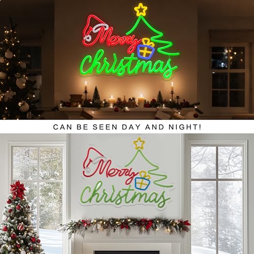 Green Merry Christmas Neon Sign for Decor, USB Powered Wall Light 16.4x12.6 Inches
