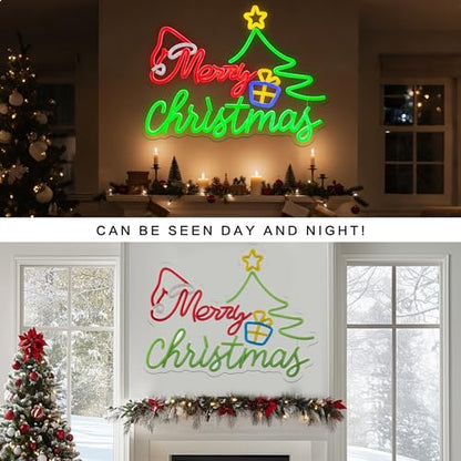Green Merry Christmas Neon Sign for Decor, USB Powered Wall Light 16.4x12.6 Inches