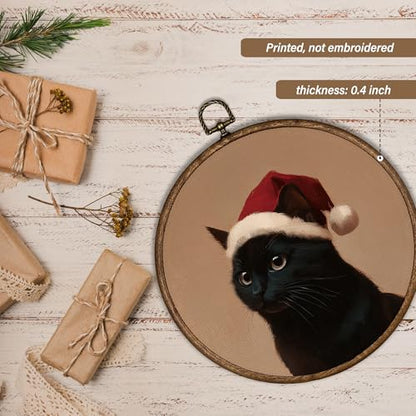 Black Cat Christmas Wall Art Decor - Round Holiday Wall Hanging, 10x10 Inch - Cat Variation