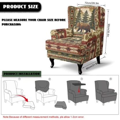 Tribal Mountain Bear Wingback Chair Slipcover with Ottoman Set - Protective Furniture Cover