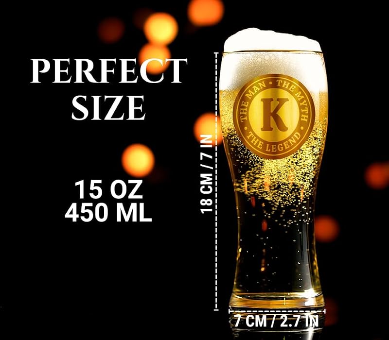 Personalized Beer Glass for Men with Initial - Custom Alcohol Gift for Beer Lovers - The Man The Myth The Legend