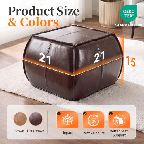Dark Brown Square PU Leather Ottoman Pouf 21x15 Inch Handmade Foot Stool