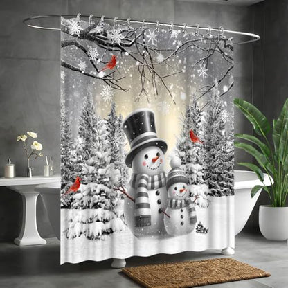White Snowman Shower Curtain 72x72 Inch Waterproof Fabric Holiday Bathroom Decor