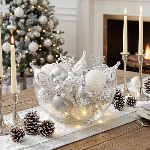 Christmas Tree Ornaments Set 50pcs Snow Queen Theme Silver White Variation