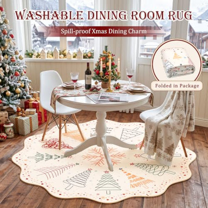 Colorful Christmas Tree Washable Round Rug 5ft for Living Room Beige