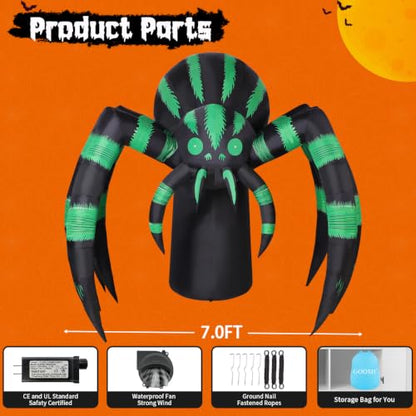 Halloween Inflatable Spider Decoration with LED Lights - Green, 7 Ft Long