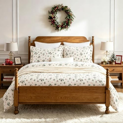 Christmas Duvet Cover Set Queen Size Holly Berries Pattern 90x90 Inch with 2 Shams
