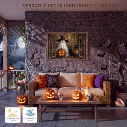 Halloween Oil Painting Canvas Wall Art 48 x 32 in - Classic Haunted Scene with Gilded Frame - Spooky Home Decor