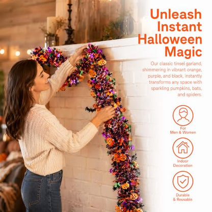 Halloween Metallic Tinsel Twist Garland - Orange and Purple Pumpkin Bat Spider Decorations - 50FT Indoor Outdoor Party Streamers - Halloween