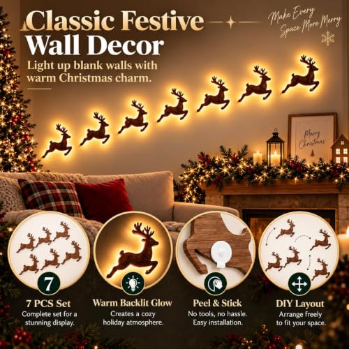 3D Wooden Reindeer Wall Decor with Santa Sleigh - Christmas Indoor Display (#B)