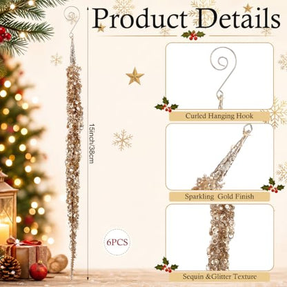 Gold Glass Glitter Icicle Ornaments Set of 6 - Christmas Tree Decor