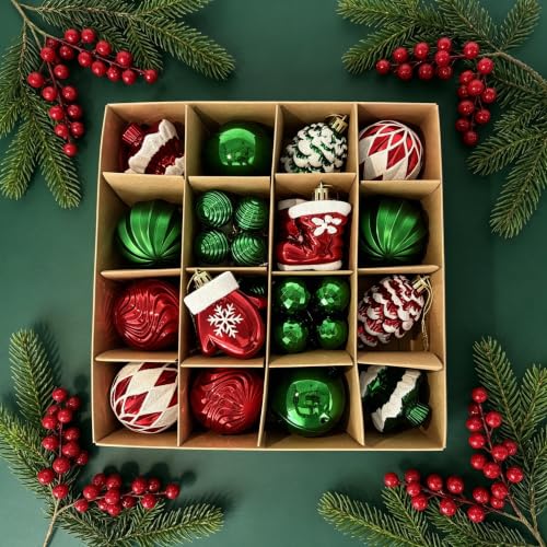 Christmas Baubles 40 Pack - Red, Green & White Shatterproof Ornaments with Hand-Painted Designs