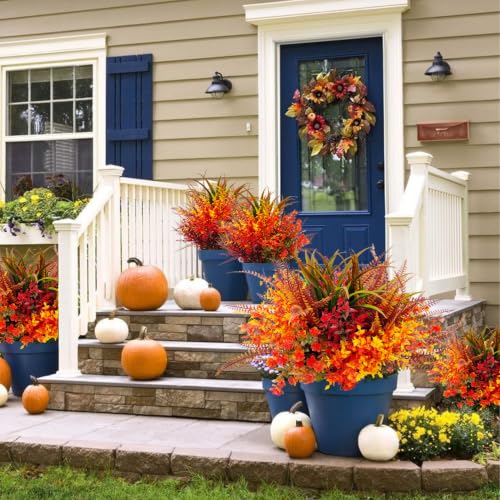 Artificial Fall Plants Flowers Set - 6 Mix Styles, UV Resistant Outdoor Faux Flowers for Porch & Garden