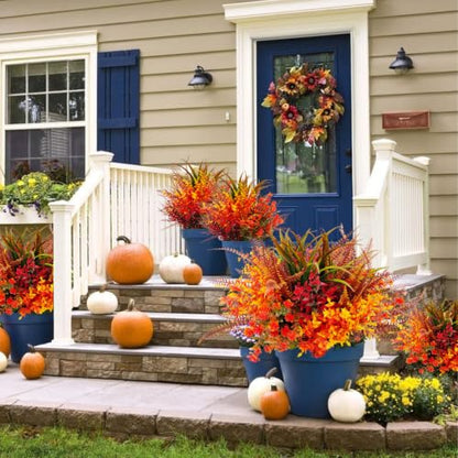 Artificial Fall Plants Flowers Set - 6 Mix Styles, UV Resistant Outdoor Faux Flowers for Porch & Garden
