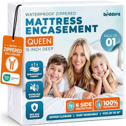 White Queen Size Waterproof Mattress Protector Encasement - Zippered Fit