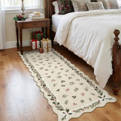 LIVEBOX Christmas Runner Rug for Kitchen 2x6 Beige Washable Non Slip Floral Bow Scalloped Edge
