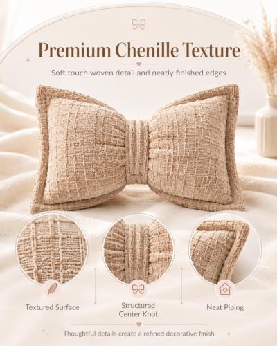 Green Bow-Shaped Chenille Throw Pillow - Girls Bedroom Decor, Insert Included