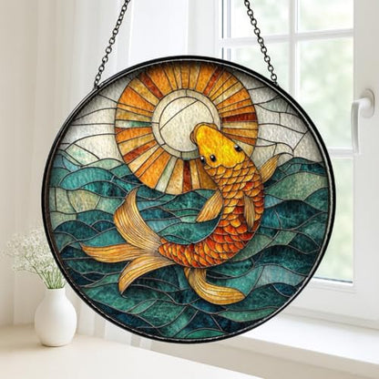 Sunlit Koi Fish Stained Glass Window Art with Flowing Water Theme - Bright Aquatic Decor