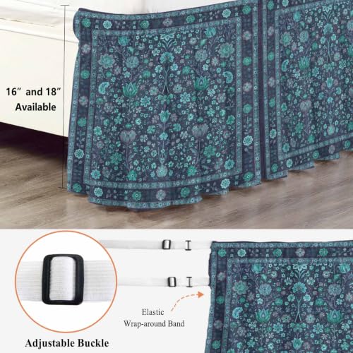 Teal Boho King Bed Skirt 18 Inch Drop Adjustable Elastic Wrap-Around Dust Ruffle