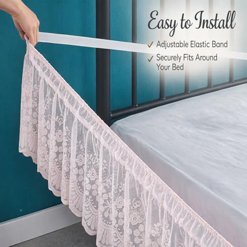 Off-White Lace Bed Skirt with Elastic Edge - 15 Inch Drop Ruffled Dust Ruffle - Princess Style