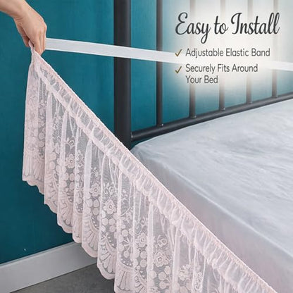 Off-White Lace Bed Skirt with Elastic Edge - 15 Inch Drop Ruffled Dust Ruffle - Princess Style
