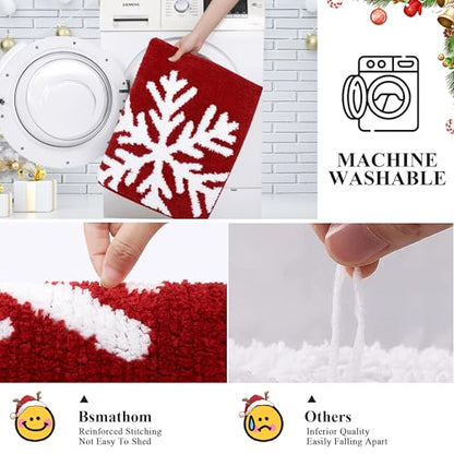Christmas Bathroom Rugs Set 2 Piece Non Slip Microfiber Shaggy Snowflake Bath Mats - 18x26 + 18x48 Inches