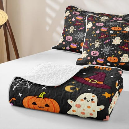 Ghost Boo Queen Size Halloween Quilt Set - Pumpkin Lantern & Skeleton Bedding