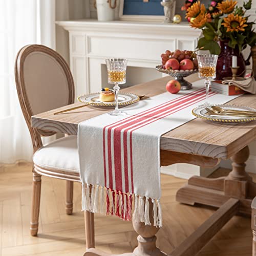 Christmas Table Runner 13x90 Inch with Tassels - Red Beige Stripe Boho Holiday Decor