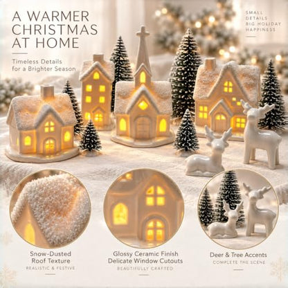 Indoor Christmas Village Set - 13 Piece White Holiday Scene with Houses and Decor