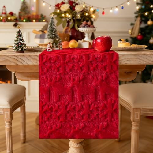 Christmas Snowflake and Elk Plush Faux Fur Jacquard Table Runner 13x90 Inch - Red