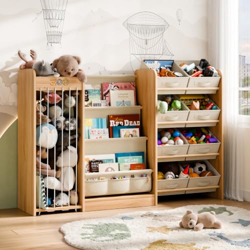 Kids Toy Organizer with Bookshelf & Stuffed Animal Storage 51 Inch Burlywood