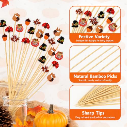100 Pcs Fall Cocktail Picks with Autumn Leaf Pumpkin & Acorn Designs