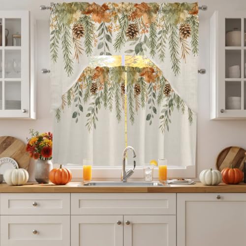 Fall Leaf Swag Kitchen Curtains Set - Beige, Sage Green, Cinnamon, Flax - 3 Pieces