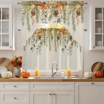 Fall Leaf Swag Kitchen Curtains Set - Beige, Sage Green, Cinnamon, Flax - 3 Pieces