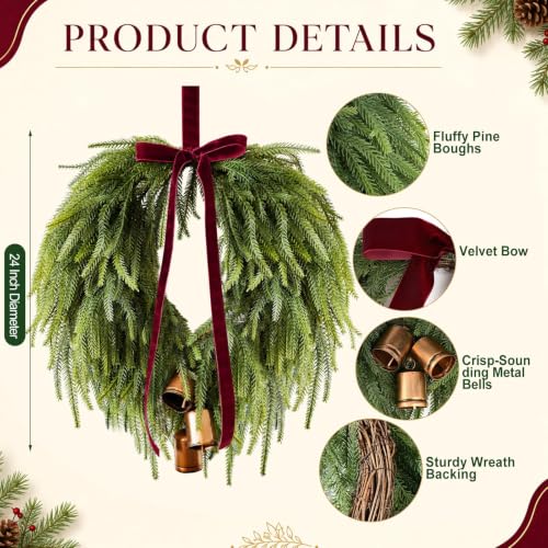 24 Inch Christmas Wreath with Burgundy Bow Bells for Front Door - Red