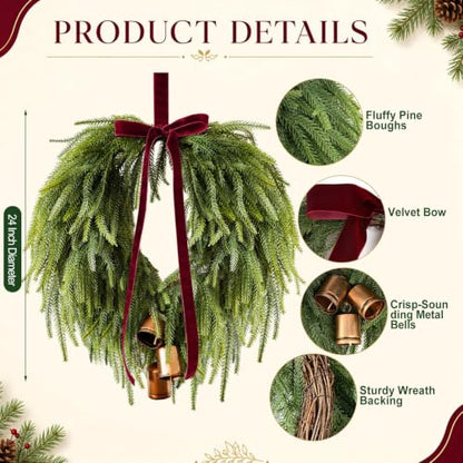 24 Inch Christmas Wreath with Burgundy Bow Bells for Front Door - Red