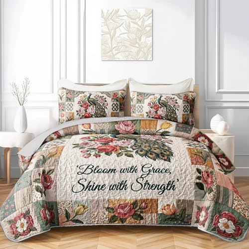 Queen Size Patchwork Peacock Bedspread Coverlet Set - 3 Pieces, Pink Roses & Floral Quilt with Pillow Shams, Green Metallic Tail Design, Garden Room Decor