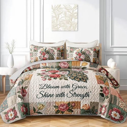 Queen Size Patchwork Peacock Bedspread Coverlet Set - 3 Pieces, Pink Roses & Floral Quilt with Pillow Shams, Green Metallic Tail Design, Garden Room Decor