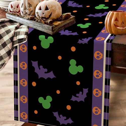 Halloween Bat Table Runner, Black Purple Skull Polka Dot Kitchen Decor