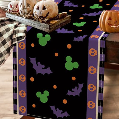 Halloween Bat Table Runner, Black Purple Skull Polka Dot Kitchen Decor
