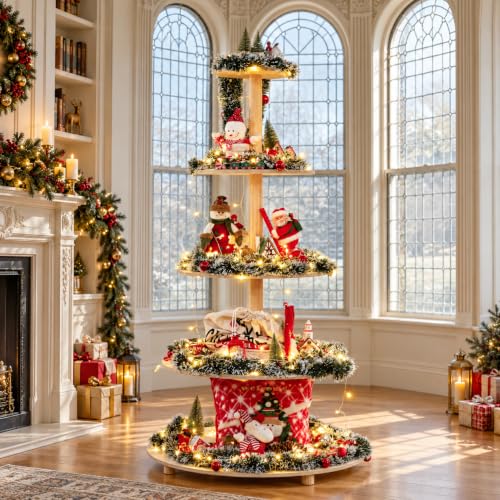 Extra Large 5.04 Ft Wooden Christmas Tree with Shelves - Holiday Village Display Stand