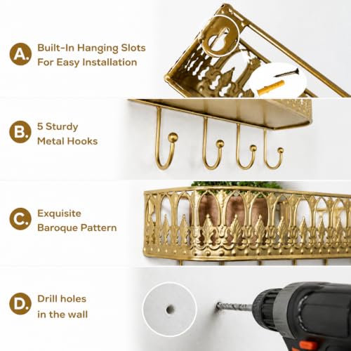 Vintage Gold Wall Mount Key Holder Shelf with 5 Hooks and Mail Rack