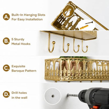 Vintage Gold Wall Mount Key Holder Shelf with 5 Hooks and Mail Rack